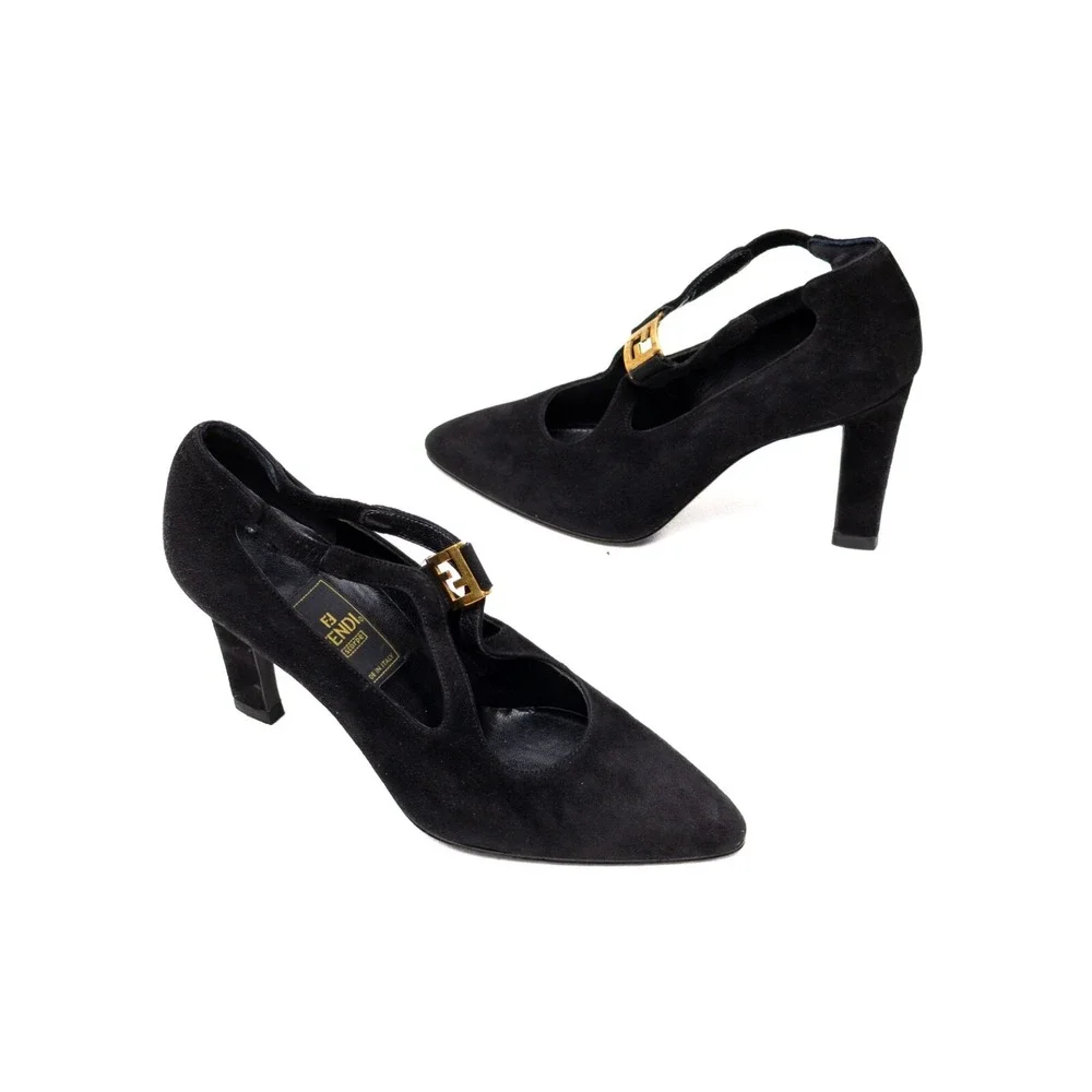 Vintage Fendi Scarpe Black Suede T-Strap Heels with Gold FF Buckle–Size 5.5/EU36